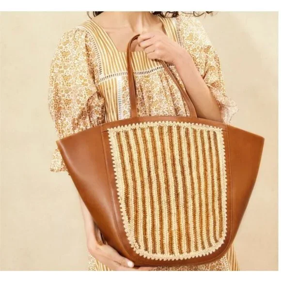 LOEFFLER RANDALL Katia crochet raffia and leather large tote- BEIGE/TAN/